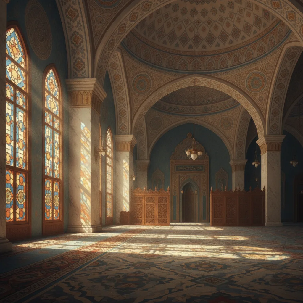 Cuma namazı sonrası ibadet atmosferini yansıtan aydınlık ve huzurlu cami içi.